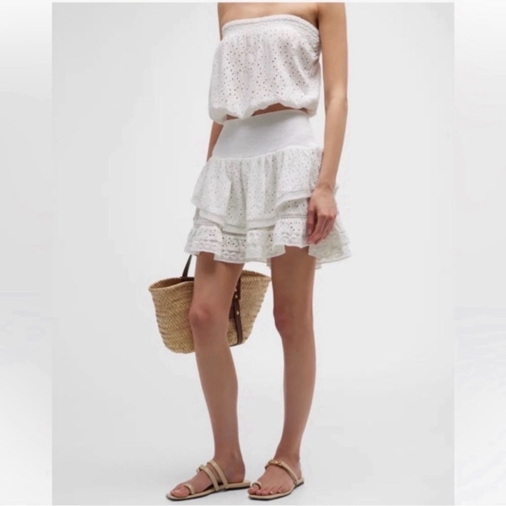 NWT Ramy Brook $295 White Eyelet Ruffle Skirt Size Small